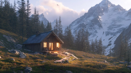 Cozy mountain cabin in a remote location, with room for text.の素材