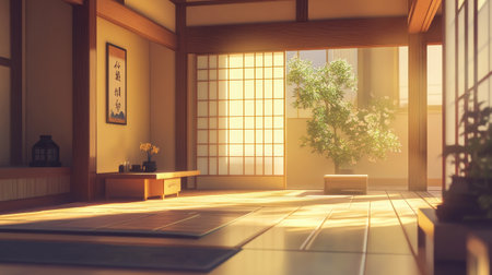 Minimalist design of a traditional Japanese living room, showcasing elegant simplicity and a peaceful atmosphere in its decor.の素材