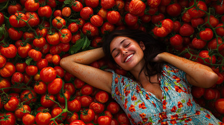 La Tomatina festival scene with a cheerful woman napping among a pile of tomatoes, her smile contrasting with the tomato-covered ground.の素材