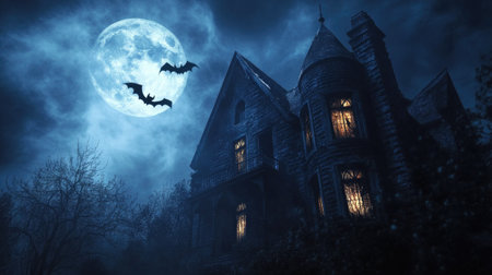 Haunted house illuminated by a full moon, bats flying overhead, with glowing windows creating an ominous vibe, ideal for copy spaceの素材