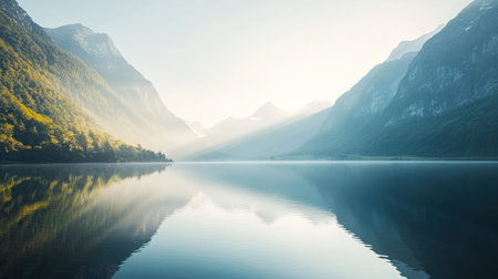 Early morning sunlight on a calm mountain lake, leaving space for copy.の素材