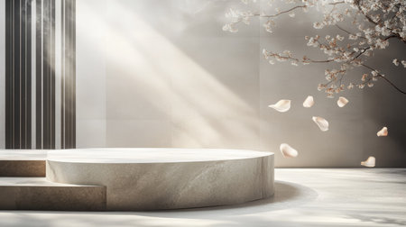 Natural stone platform with flying flower petals, creating a sophisticated scene for showcasing products in a serene environment.の素材