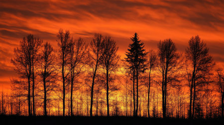 Silhouette of trees against a fiery sunset, perfect for copy space.の素材