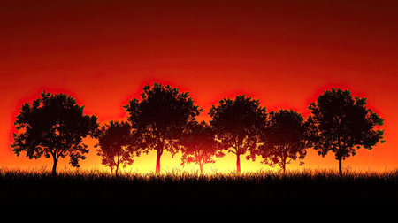 Silhouette of trees against a fiery sunset, perfect for copy space.の素材