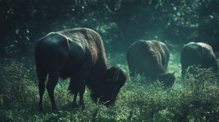 Indian bison grazing in the wild, with room for copy.の素材