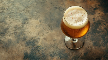 A flat lay of a Belgian trappist beer in a chalice glass, with space for copy text.の素材