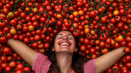 Happy woman resting amidst a sea of tomatoes at the La Tomatina festival, her face beaming with joy in the tomato-strewn scene.の素材