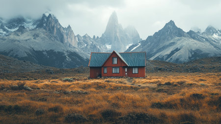 Remote house with a backdrop of towering mountains, leaving space for copy.の素材