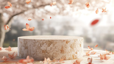 Natural stone podium with a sleek platform for product advertising, surrounded by floating flower petals and a serene background.の素材