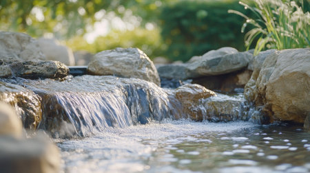 Gentle stream cascading over rocks in a South Asian landscape, with room for text.の素材