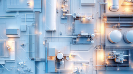 A flat lay of a digital twin simulation with 3D models, with ample copy space.の素材