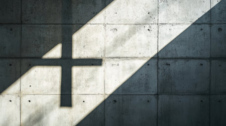 Shadows cast a cross-shaped pattern on a gritty cement wall. The geometric form stands out against the raw texture of the wall, creating a compelling focal point.の素材