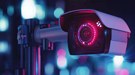 Modern security camera with detailed features, illustrating its role in monitoring and safeguarding the area with advanced technology.の素材