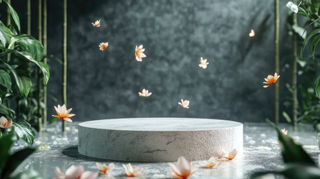 Natural stone podium with a sleek platform for product advertising, surrounded by floating flower petals and a serene background.の素材
