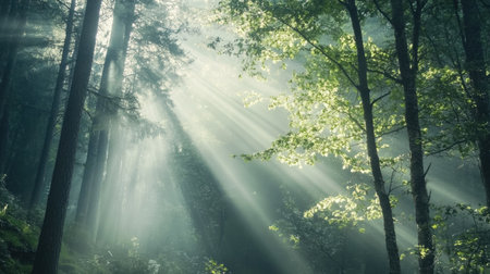 Morning sunlight streaming through forest trees with soft rays, leaving space for copy.の素材