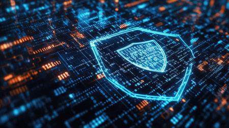 A flat lay of a cybersecurity shield icon with binary code, with copy space available.の素材