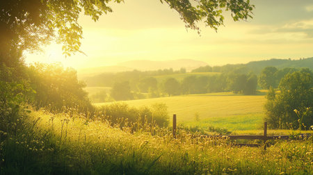 Warm morning sunlight over a peaceful countryside, with space for text.の素材