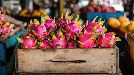 A rustic wooden box filled with vibrant dragon fruit sits on a market table. The colorful fruit contrasts with the bustling market background, creating an inviting scene.の素材