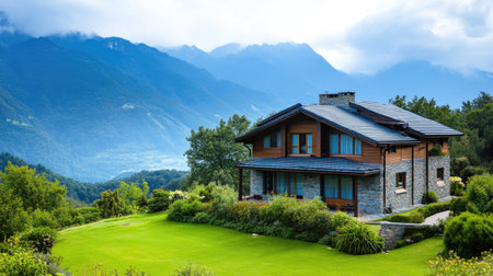 Traditional house with stunning mountain views, leaving space for textの素材
