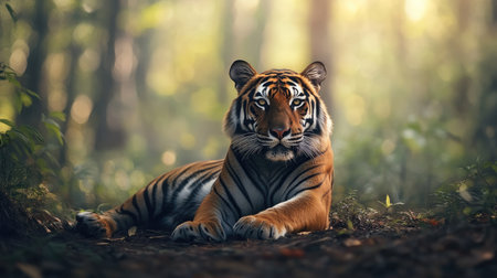 Majestic Bengal tiger resting in the jungle with space for textの素材