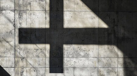 Shadows cast a cross-shaped pattern on a gritty cement wall. The geometric form stands out against the raw texture of the wall, creating a compelling focal point.の素材