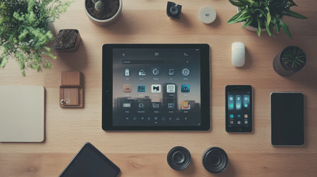 A flat lay of a smart home interface on a tablet, with ample copy space.の素材