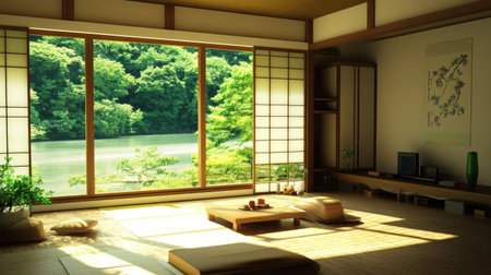 Traditional Japanese living room with minimalist design, featuring simple elegance and a serene ambiance, emphasizing its classic aesthetic.の素材