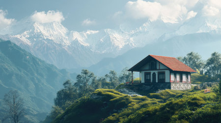 South Asian house amidst mountain peaks, with space for copy.の素材