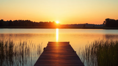 Sun setting behind a pier on a calm lake, perfect for copy space.の素材