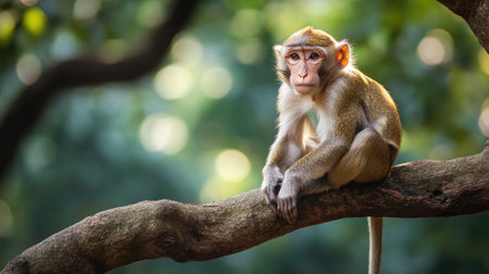 Rhesus macaque sitting on a tree branch, with ample copy space.の素材