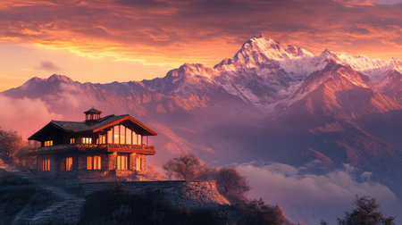 South Asian mountain home at sunrise, with ample room for copy.の素材