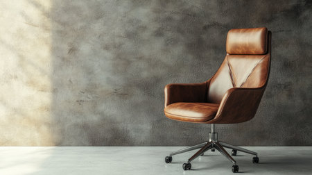 Sleek brown leather office chair placed on an office floor, minimalist wall background enhancing the modern aesthetic with copy spaceの素材