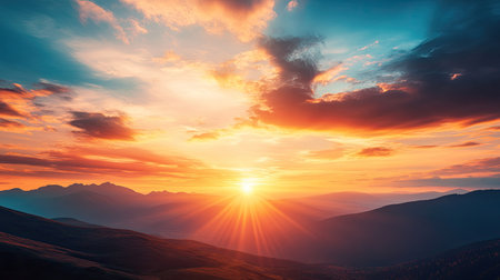 Vibrant sunset over a serene mountain landscape, with room for copy.の素材