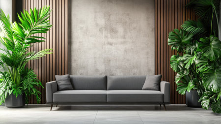 Stylish gray sofa in front of a minimalist home with modern wooden doors, framed by vibrant green plants and contemporary design.の素材
