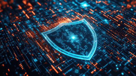 A flat lay of a cybersecurity shield icon with binary code, with copy space available.の素材