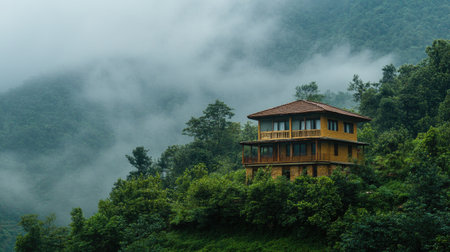 Traditional South Asian house high in the mountains, with ample copy space.の素材