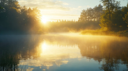 Warm morning sun over a quiet, misty lake, perfect for copy space.の素材