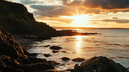 Stunning sunset over a rocky coastline, with space for text.の素材