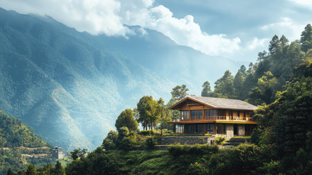 Secluded house nestled in the South Asian mountains, with ample copy space.の素材
