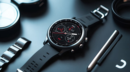 A flat lay of a smartwatch displaying health metrics, with copy space available.の素材