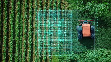 A flat lay of a smart agriculture interface with crop monitoring, with copy space availableの素材