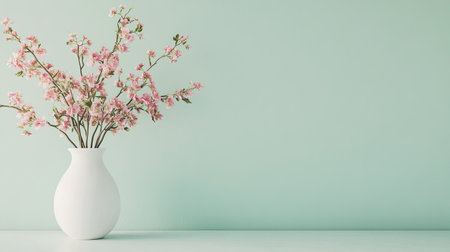 Pastel green walls complementing pink flowers in a white vase on a table, offering a soothing and stylish look with ample copy spaceの素材