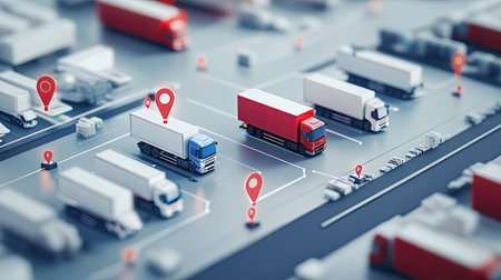 A flat lay of a smart logistics network with digital tracking, with copy space available.の素材