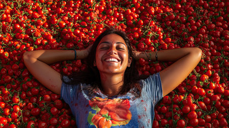 Woman smiling as she sleeps on a bed of tomatoes at the La Tomatina festival, surrounded by scattered tomatoes, celebrating the fun and mess.の素材