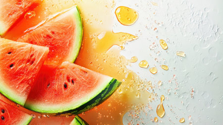 Watermelon slices with droplets and juice splashes, creatively arranged with ample copy space for textの素材