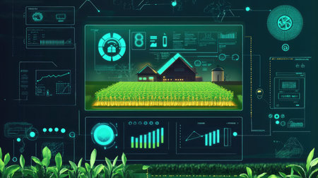 A flat lay of a smart agriculture interface with crop monitoring, with copy space availableの素材
