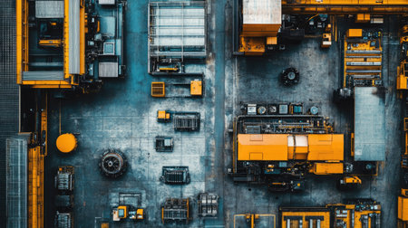 A flat lay of a robotic automation system in a factory, with ample copy space.の素材