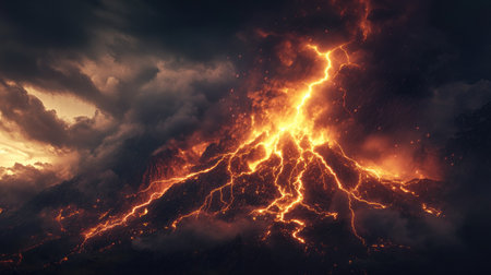 A dramatic eruption of a volcano with intense flashes of lightning emanating from its crater. The powerful contrast of the volcanic lightning against the dark, erupting ash creates a stunning spectacle.の素材
