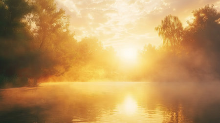 Warm morning sun over a quiet, misty lake, perfect for copy space.の素材