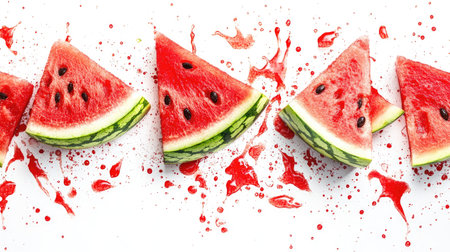 Watermelon slices with droplets and juice splashes, creatively arranged with ample copy space for textの素材